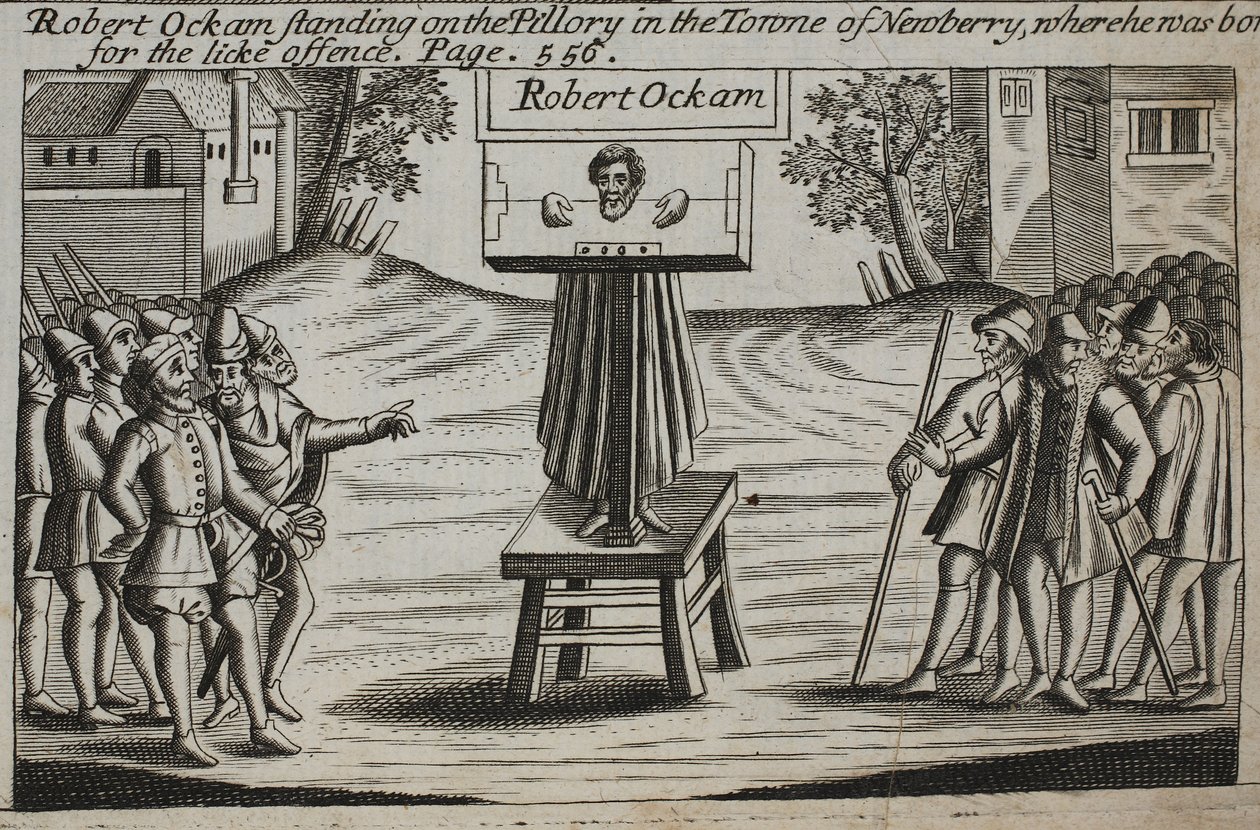 Robert Ockam em pé no pelourinho da cidade de Newberry, onde nasceu, ilustração de Atos e Monumentos de John Foxe, nona edição, pub. 1684 de English School