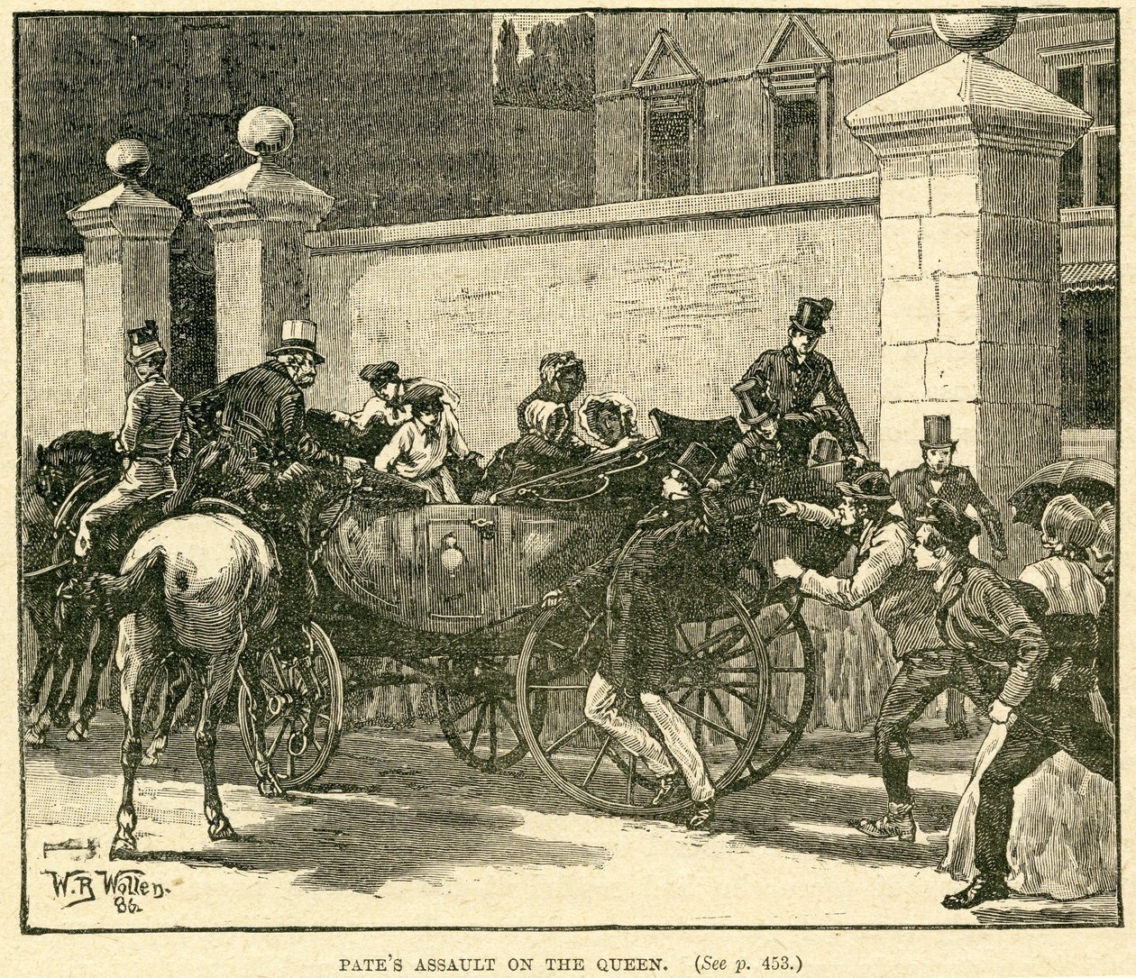 Robert Pates que golpeia a rainha fora da casa de Cambridge, ilustração tomada da vida e das épocas da rainha Victoria, vol. II por Robert Wilson, 1888 de English School