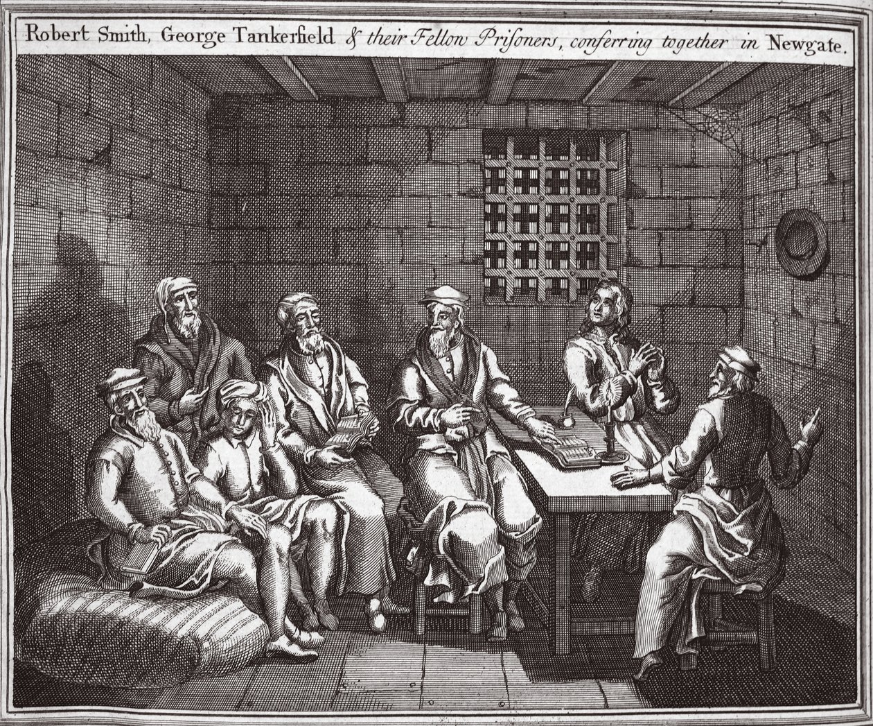 Robert Smith, George Tankerfield e seus companheiros de prisão, reunidos em Newgate, ilustração de Foxes Martyrs c.1703 de English School