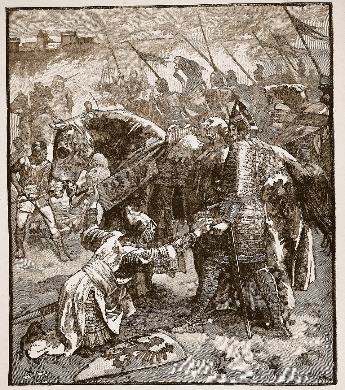Robert pedindo o perdão de seus pais, ilustração da história ilustrada de Cassells da Inglaterra (foto sépia) de English School