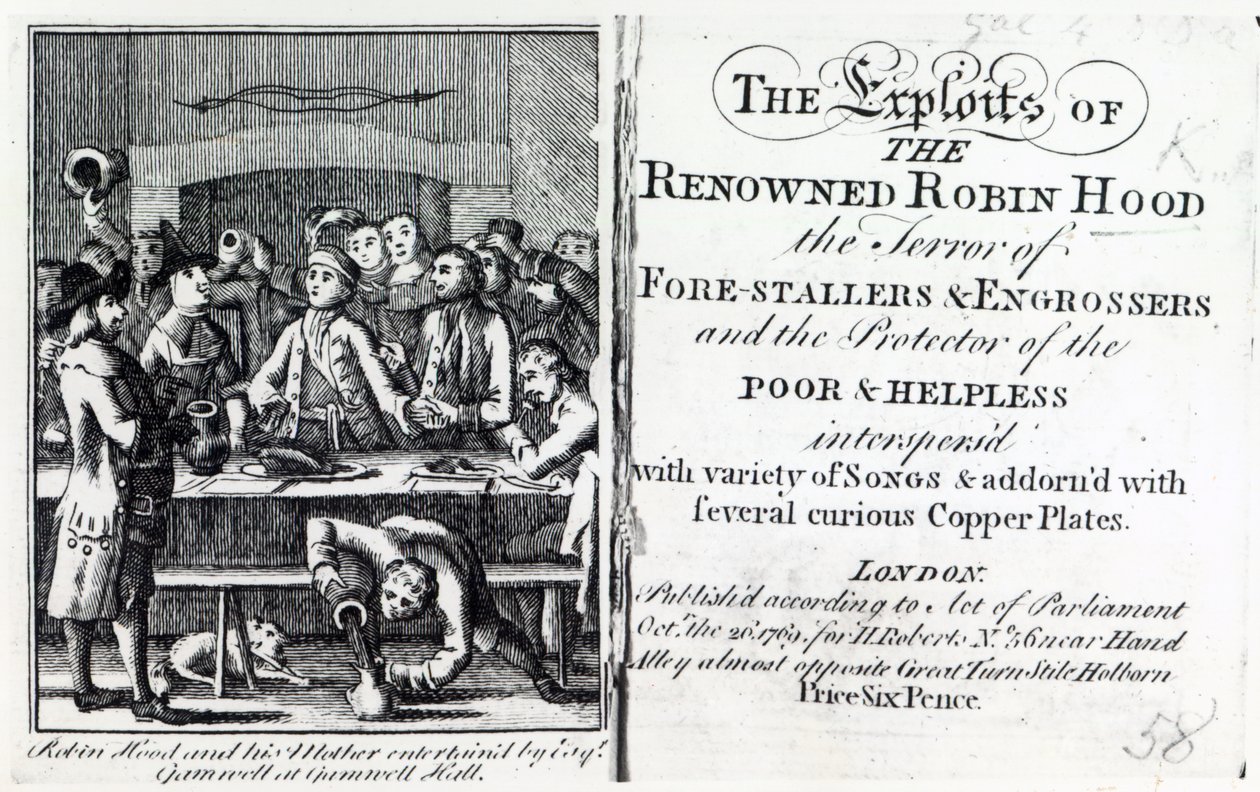 Robin Hood e sua mãe entretidos por Esq Gamnell no Gamnell Hall, frontispício de &39;As façanhas do renomado Robin Hood&39;, publicado em 1769 (impressão) de English School