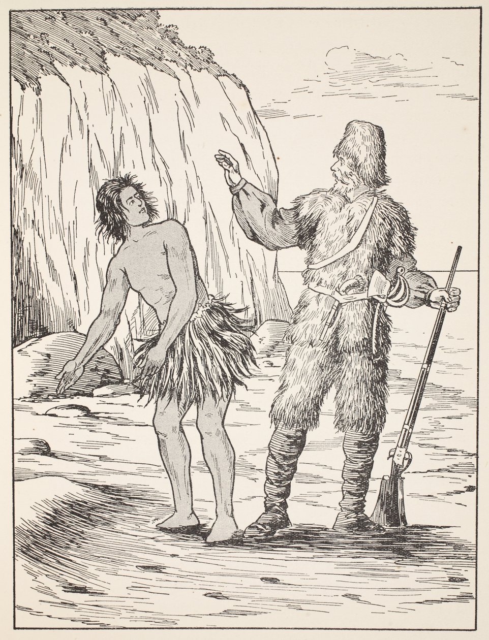 Robinson Crusoe e sexta-feira, ilustração da história de Robinson Crusoe: Uma adaptação para crianças seguindo a linguagem Defoes, pub. por Griffith Farran Browne & Co. Limited, Londres de English School