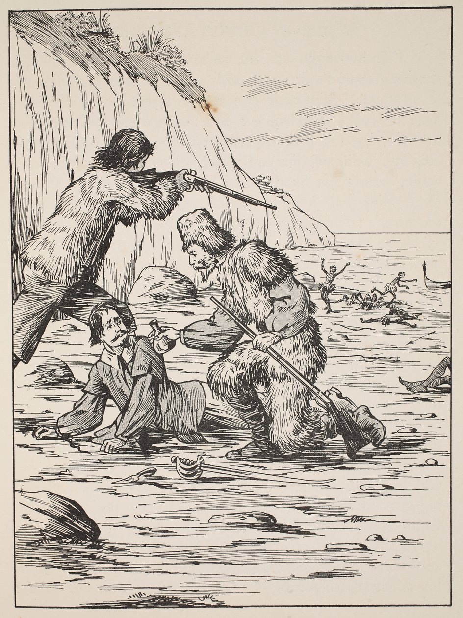 Robinson Crusoe e sexta resgatando o espanhol, ilustração da história de Robinson Crusoé: Uma adaptação para crianças seguindo a linguagem Defoes, pub. de Griffith Farran Browne & Co. Limited, Lo de English School