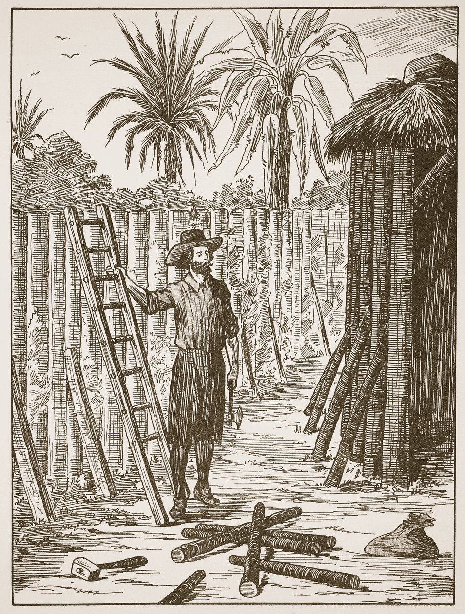 Robinson Crusoe construindo seu pavilhão, ilustração da história de Robinson Crusoé: Uma adaptação para crianças seguindo a linguagem Defoes, pub. por Griffith Farran Browne & Co. Limited, Londres de English School