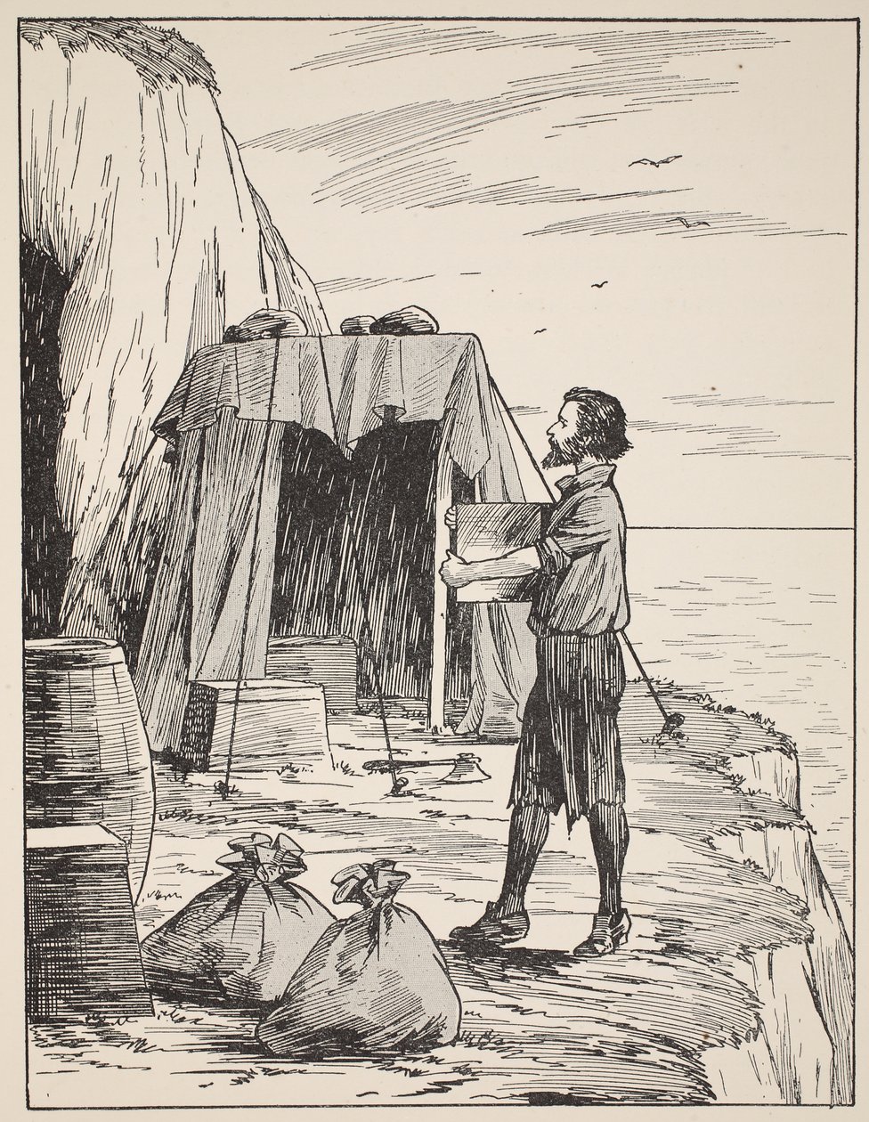 Robinson Crusoe construindo seu abrigo, ilustração de A história de Robinson Crusoé: Uma adaptação para crianças seguindo a linguagem Defoes, pub. por Griffith Farran Browne & Co. Limited, Londres de English School