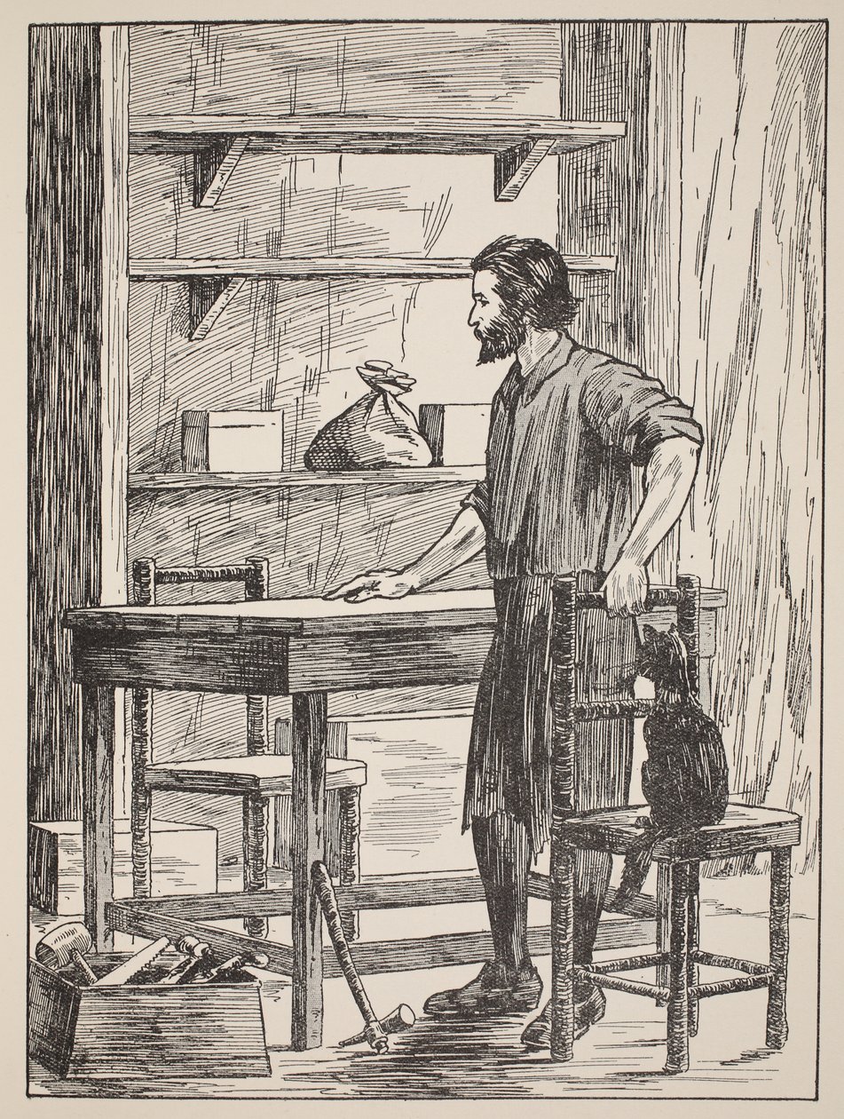 Robinson Crusoe construindo mesa e cadeiras para sua caverna, ilustração da história de Robinson Crusoé: Uma adaptação para crianças seguindo a linguagem Defoes, pub. de Griffith Farran Browne & Co. Limite de English School