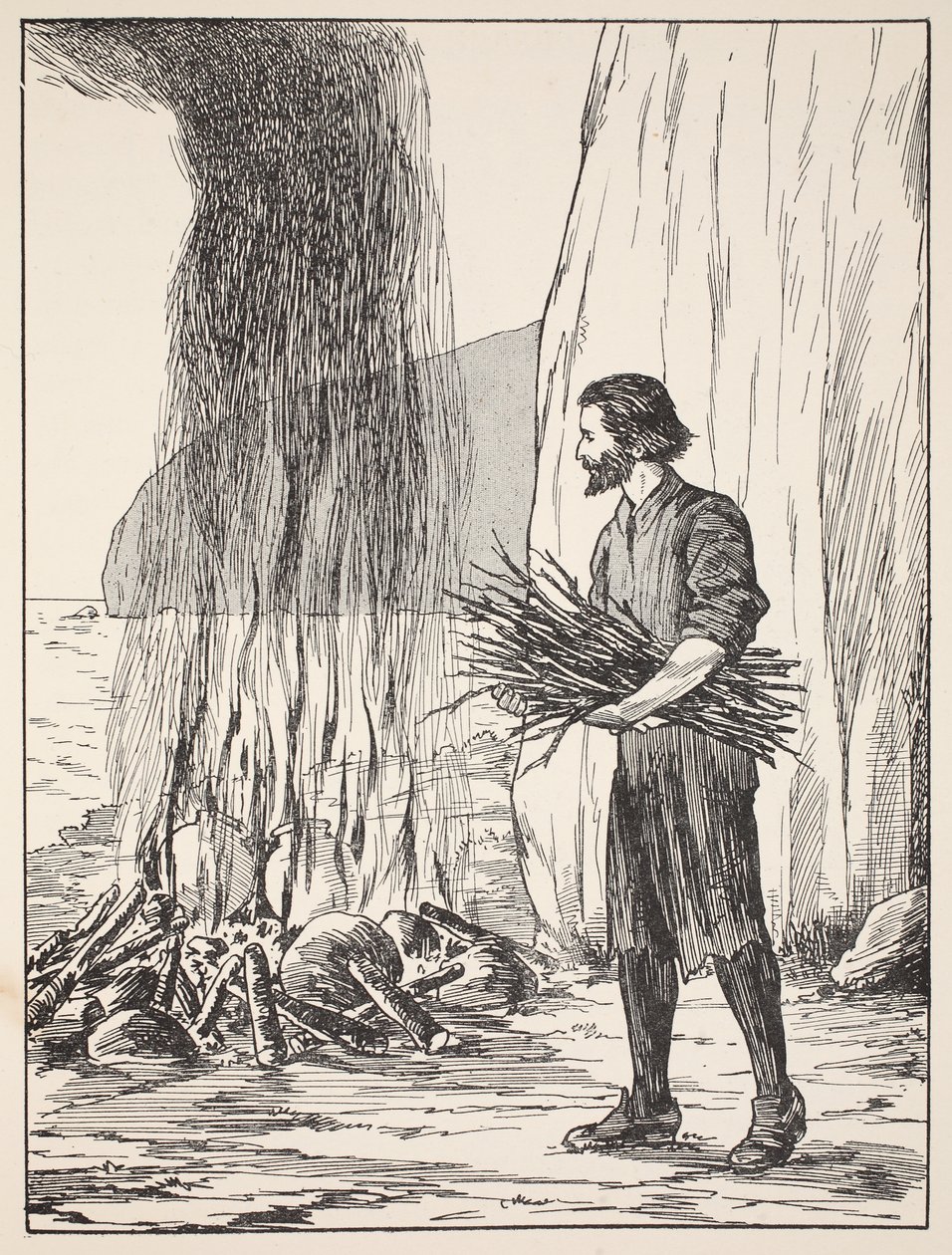 Cozinha de Robinson Crusoe, ilustração da história de Robinson Crusoé: Uma adaptação para crianças seguindo a linguagem Defoes, pub. por Griffith Farran Browne & Co. Limited, Londres de English School