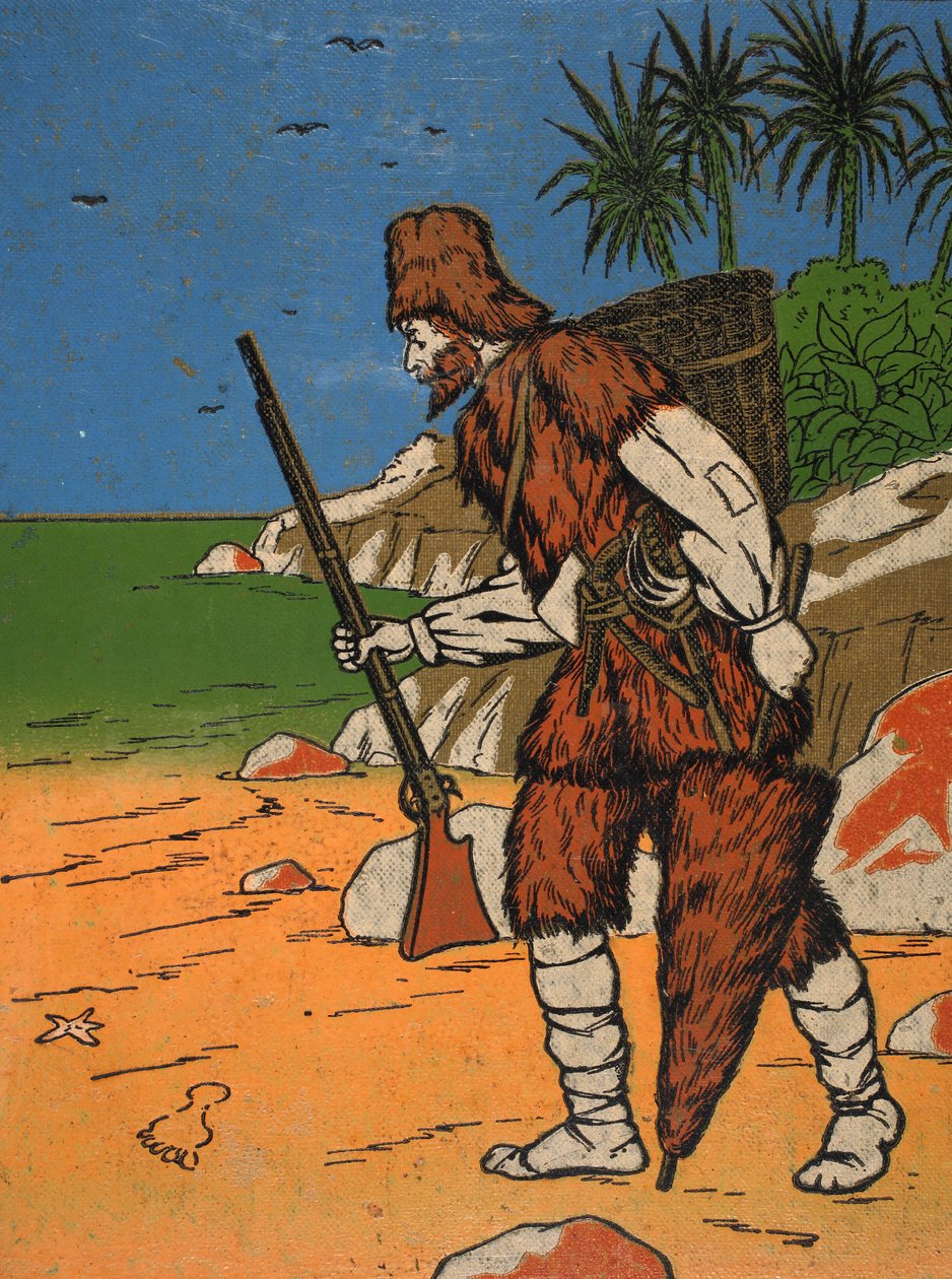 Robinson Crusoe, ilustração da história de Robinson Crusoé: Uma adaptação para crianças seguindo a linguagem Defoes, pub. por Griffith Farran Browne & Co. Limited, Londres de English School