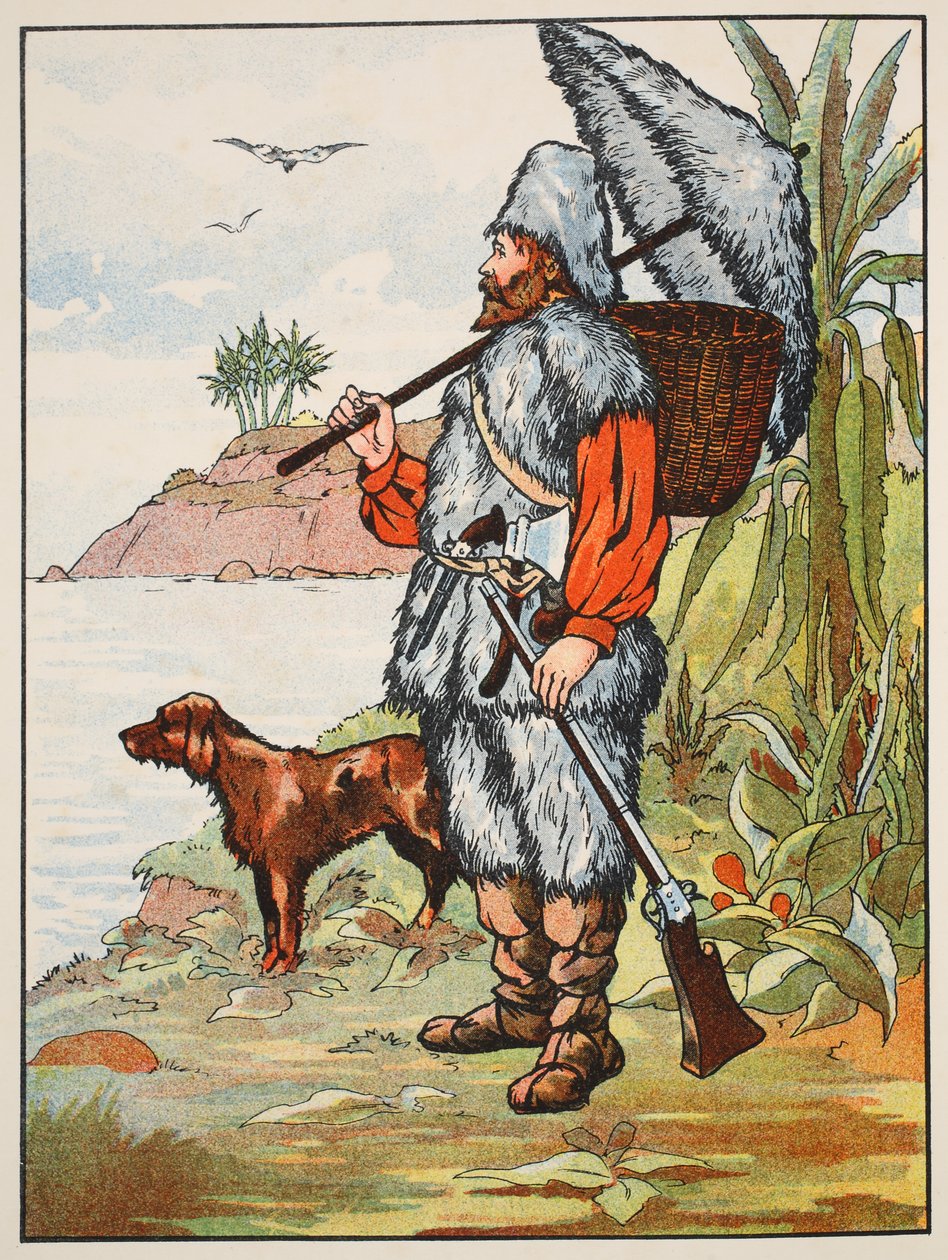 Robinson Crusoe, ilustração da história de Robinson Crusoé: Uma adaptação para crianças seguindo a linguagem Defoes, pub. por Griffith Farran Browne & Co. Limited, Londres de English School