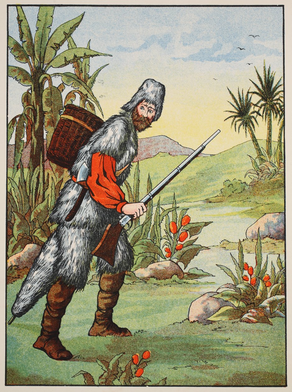 Robinson Crusoe, ilustração da história de Robinson Crusoé: Uma adaptação para crianças seguindo a linguagem Defoes, pub. por Griffith Farran Browne & Co. Limited, Londres de English School
