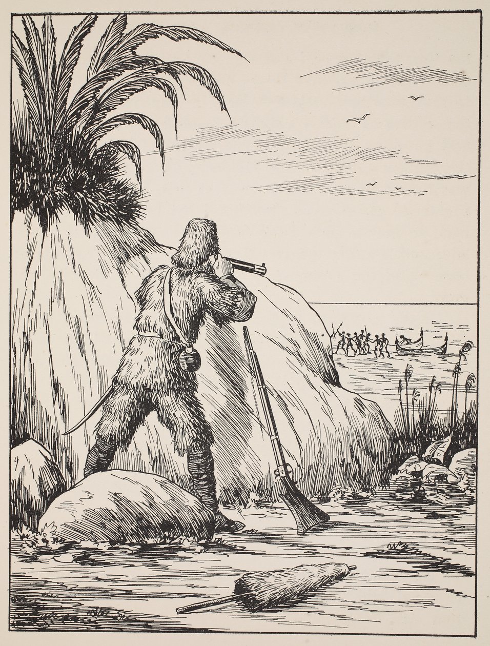 Robinson Crusoe, ilustração da história de Robinson Crusoé: Uma adaptação para crianças seguindo a linguagem Defoes, pub. por Griffith Farran Browne & Co. Limited, Londres de English School