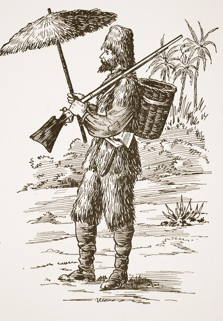Robinson Crusoe, ilustração da história de Robinson Crusoé: Uma adaptação para crianças seguindo a linguagem Defoes, pub. por Griffith Farran Browne & Co. Limited, Londres de English School