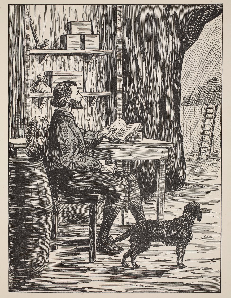 Robinson Crusoe em sua caverna, ilustração da história de Robinson Crusoé: Uma adaptação para crianças seguindo a linguagem Defoes, pub. por Griffith Farran Browne & Co. Limited, Londres de English School