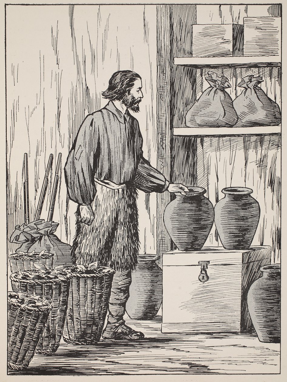 Robinson Crusoe em sua despensa, ilustração da história de Robinson Crusoé: Uma adaptação para crianças seguindo a linguagem Defoes, pub. por Griffith Farran Browne & Co. Limited, Londres de English School