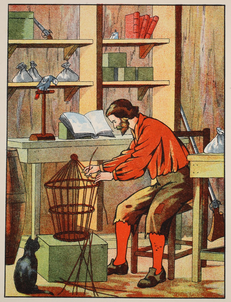 Robinson Crusoe fazendo uma gaiola para seu papagaio, ilustração da história de Robinson Crusoé: Uma adaptação para crianças seguindo a linguagem Defoes, pub. por Griffith Farran Browne & Co. Limited, Londres de English School