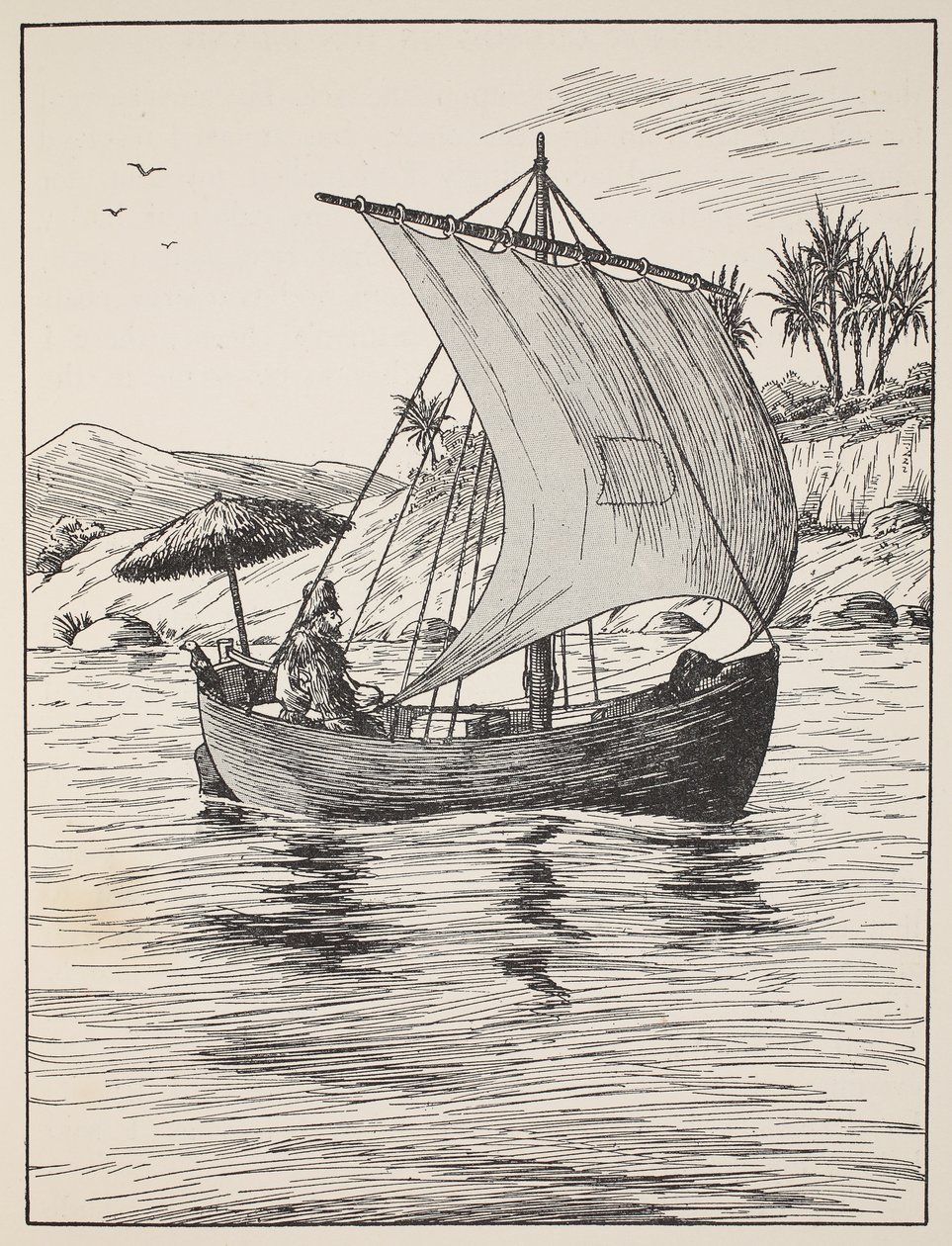 Robinson Crusoe em seu barco, ilustração da história de Robinson Crusoé: Uma adaptação para crianças seguindo a linguagem Defoes, pub. por Griffith Farran Browne & Co. Limited, Londres de English School
