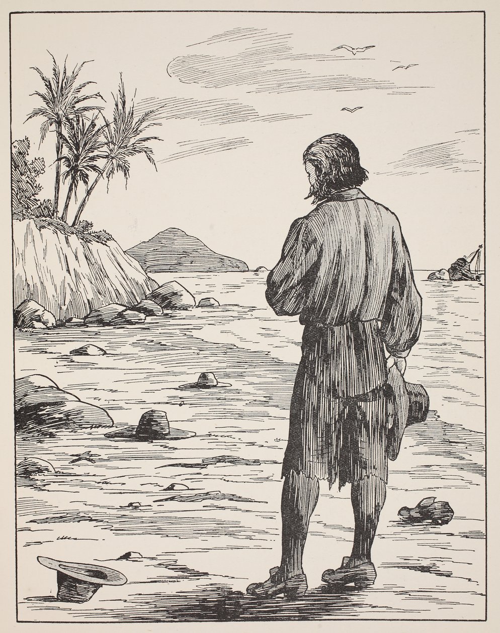 Robinson Crusoe em sua ilha, ilustração da história de Robinson Crusoe: Uma adaptação para crianças seguindo a linguagem Defoes, pub. por Griffith Farran Browne & Co. Limited, Londres de English School