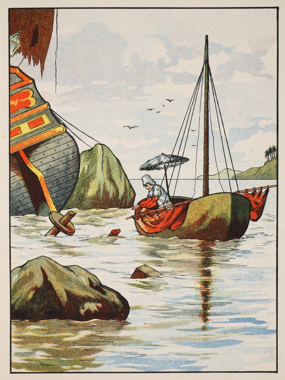 Robinson Crusoé resgatando um cachorro de um naufrágio espanhol, ilustração da história de Robinson Crusoé: Uma adaptação para crianças seguindo a linguagem Defoes, pub. de Griffith Farran Browne & Co. Limi de English School
