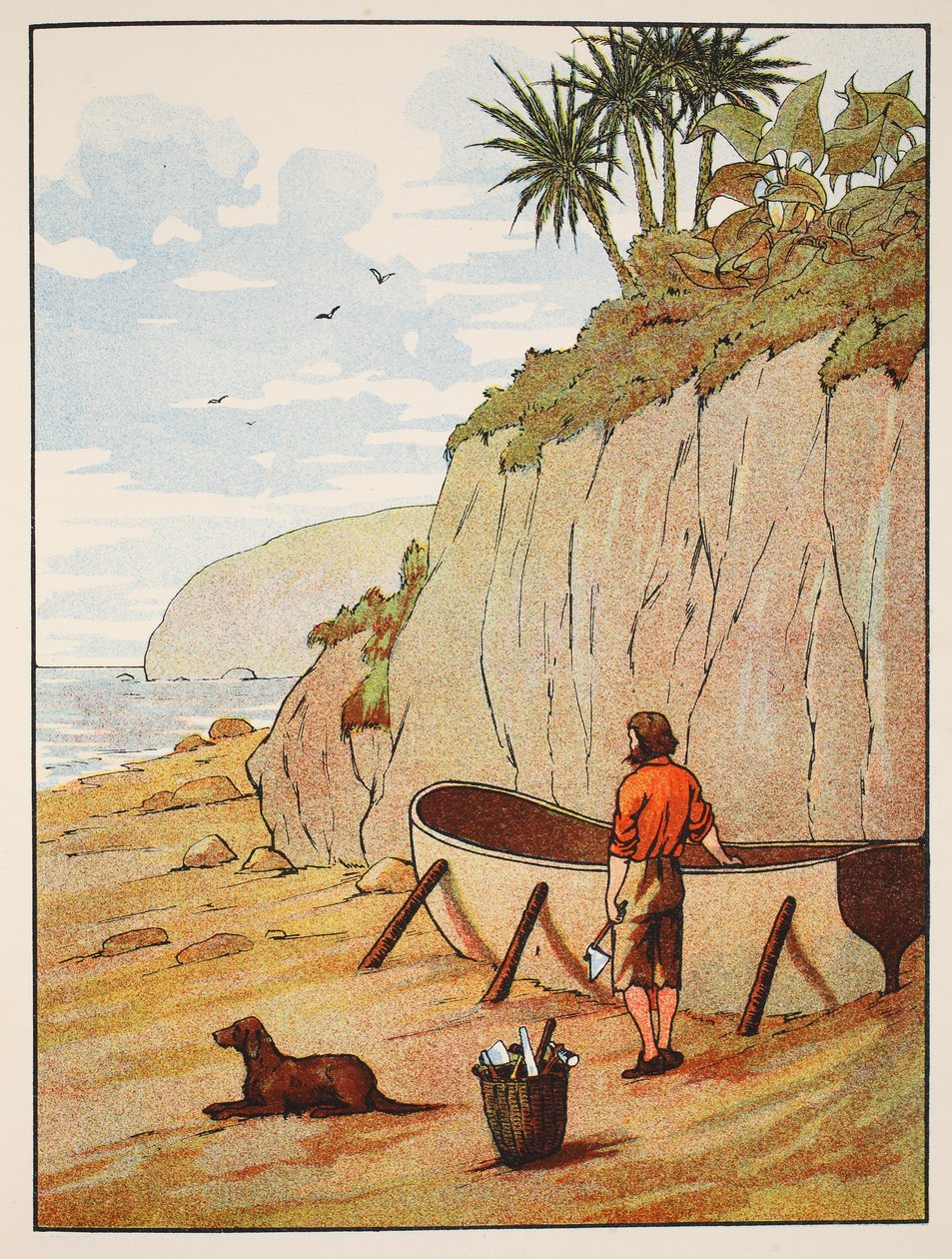 Robinson Crusoes canoa, ilustração da história de Robinson Crusoé: Uma adaptação para crianças seguindo a linguagem Defoes, pub. por Griffith Farran Browne & Co. Limited, Londres de English School