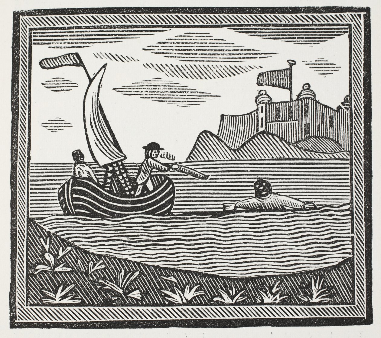Robinson e Xury que escapam dos mouros, ilustração dos Chap-livros do século XVIII por John Ashton, bar. 1882 de English School