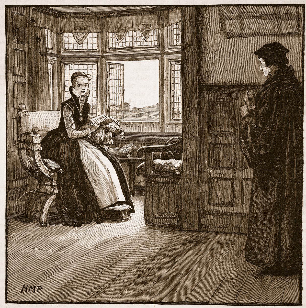Roger Aschams visita a Lady Jane Gray, ilustração da História Ilustrada de Cassells da Inglaterra (foto sépia) de English School
