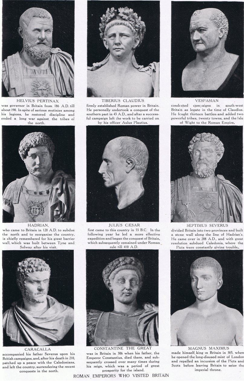 Imperadores romanos que visitaram a Grã-Bretanha, ilustração da Hutchinsons História das Nações, c.1910 de English School