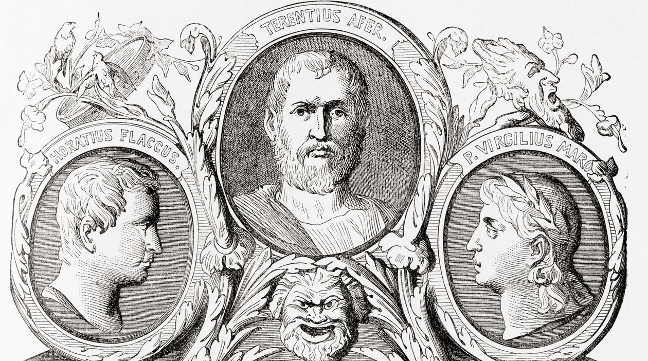 Autores romanos, da esquerda para a direita, Horace, Terence e Virgil, de Ward and Lock