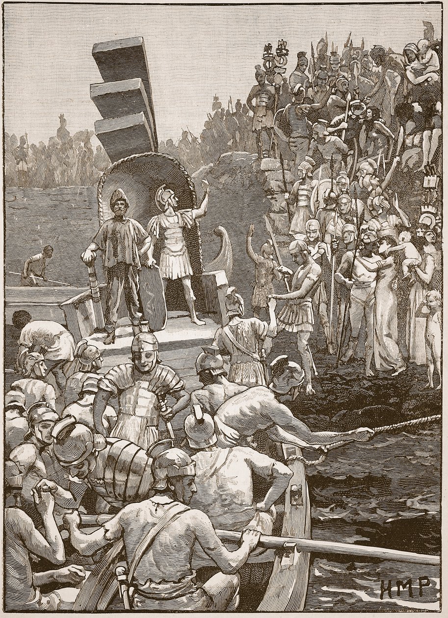 Soldados romanos deixando a Grã-Bretanha, ilustração da história ilustrada de Cassells da Inglaterra (foto sépia) de English School