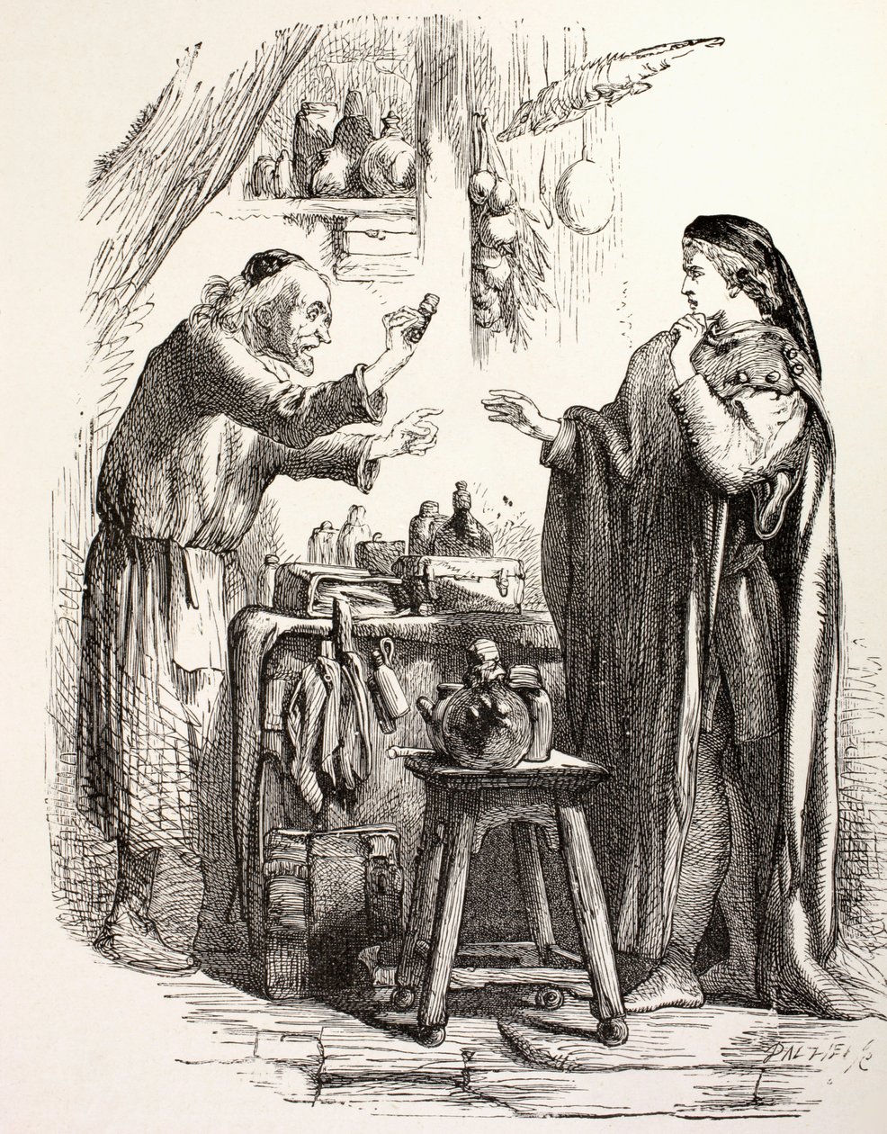 Romeu compra veneno do boticário, ilustração de Romeu e Julieta, de "A Biblioteca Ilustrada de Shakespeare", publicada em Londres em 1890 (litografia). de English School