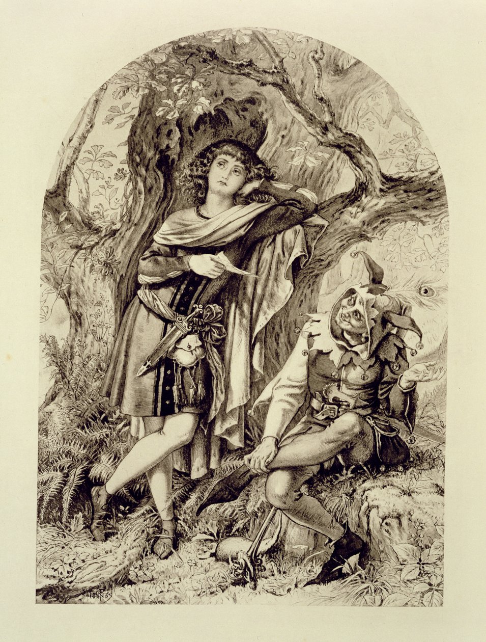 Rosalind e Touchstone, Ato III Cena 2, em As You Like It, de William Shakespeare (1564-1616) de English School