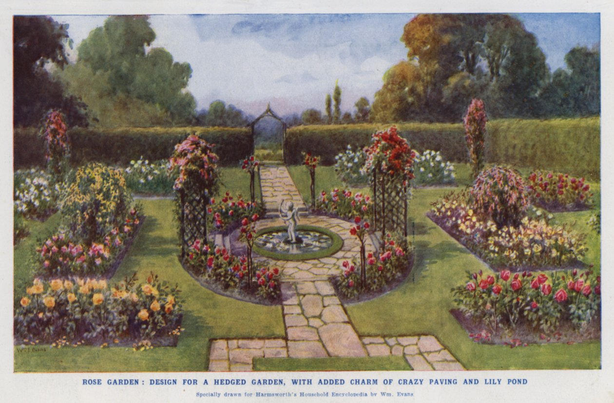 Jardim de rosas, projeto para um jardim com sebes, com o encanto adicional de um pavimento empedrado e um lago de lírios (litografia a cores) de English School