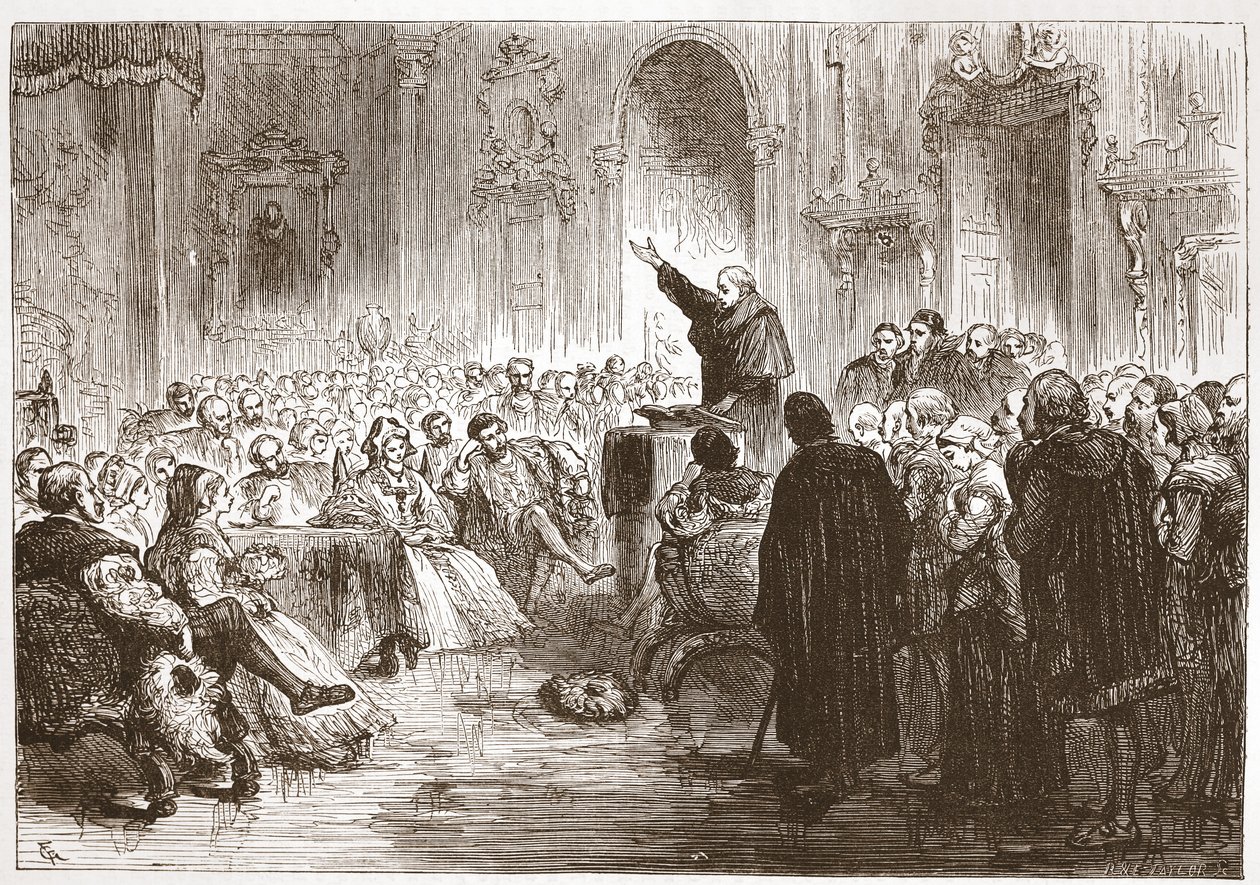 Roussel pregando no Louvre, ilustração da História do Protestantismo por James Aitken Wylie (1808-1890), pub. 1878 de English School