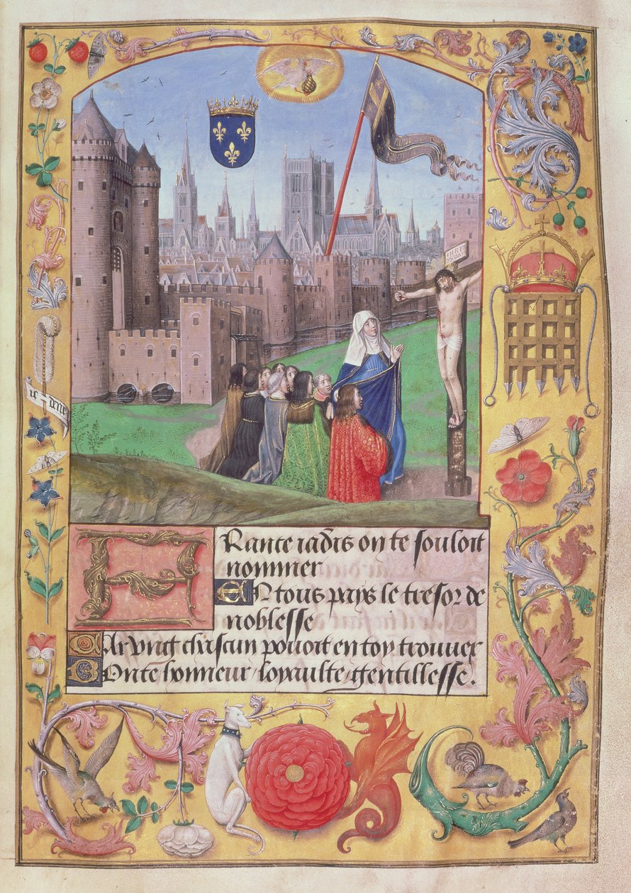 Roy 16 F II f.89 Notre Dame, Paris mostrando os braços empalados, a Virgem abaixo protege nove figuras ajoelhadas perante a Crucificação, de Poemas de Carlos, Duque de Orleães, c.1500 (vellum) de English School