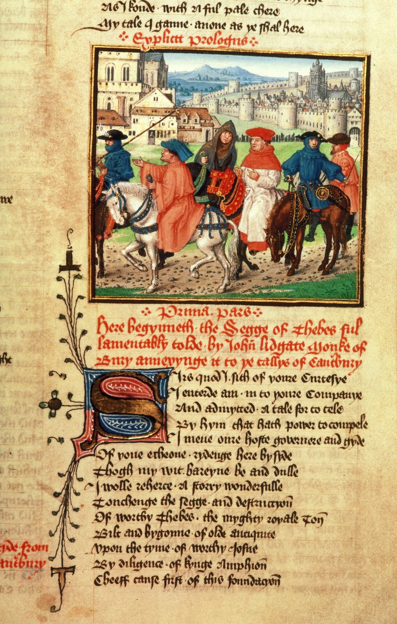 Roy 18 D 11 f.148 Lydgate e os Peregrinos de Canterbury saindo de Canterbury do "Livro de Tróia e o Cerco de Tebas" por John Lydgate (c.1370-c.1451) 1412-22 (vellum) de English School