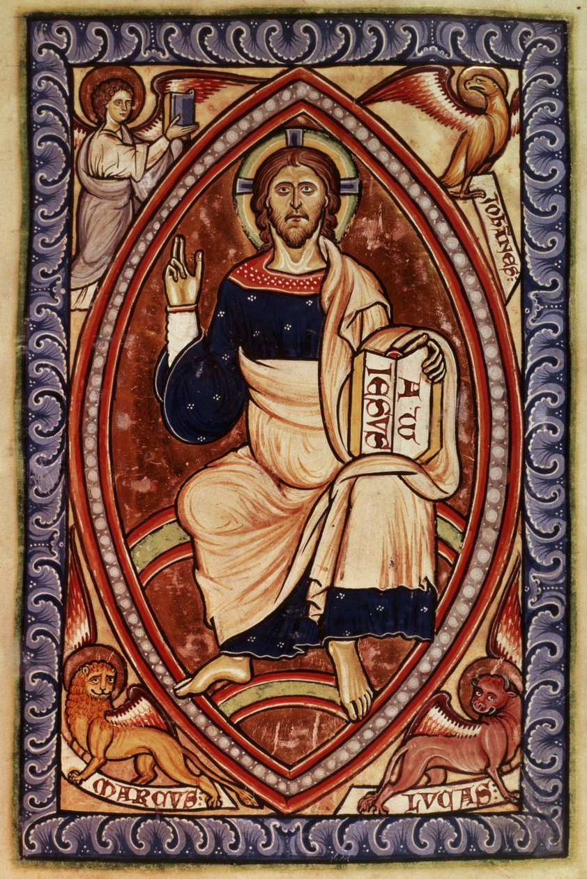 Roy 2 A XXII f.14 Cristo em Majestade com Símbolos dos Evangelistas, do Saltério de Westminster, c.1250 (velino) de English School