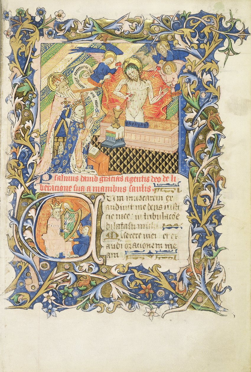 Roy 2 B I f.8 Figura coroada apoiada por um santo barbudo cinzento ajoelhado perante uma imagem de Piedade, do Saltério de Humphrey Duque de Gloucester, c.1420-30 (vellum) de English School