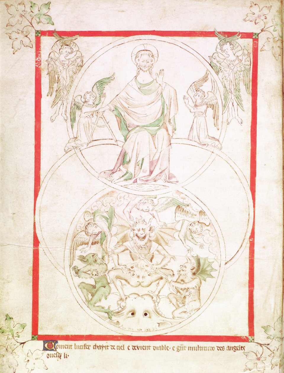 Roy 2 B VII f.1v A Queda de Lúcifer, do Saltério da Rainha Maria, c.1310-20 (pergaminho) de English School