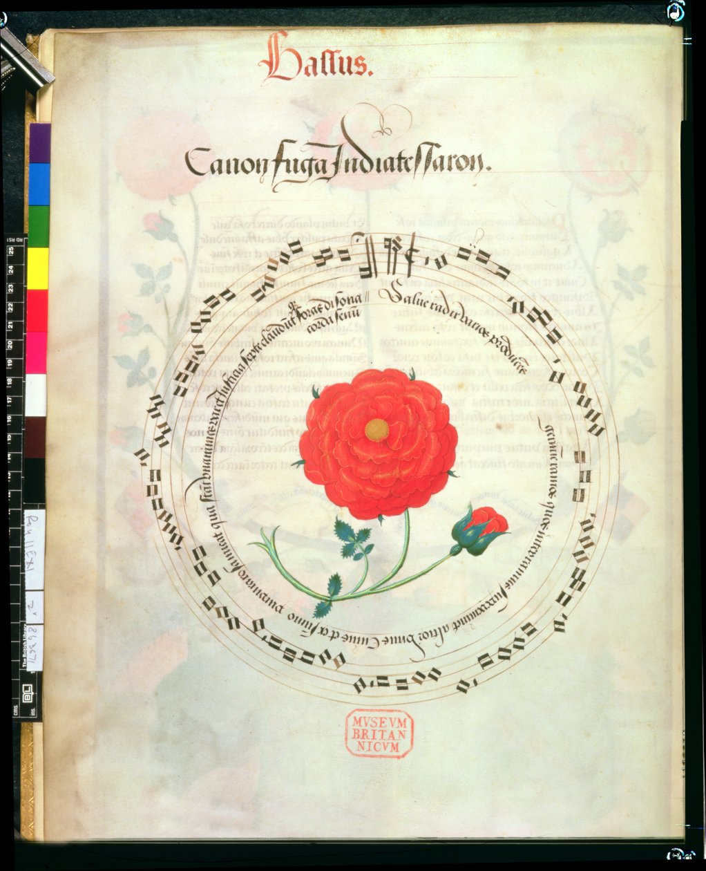 Roy II E XI f.2v Canon, com pautas circulares e rosa no centro, de Motets de Richard Sampson (vellum) de English School
