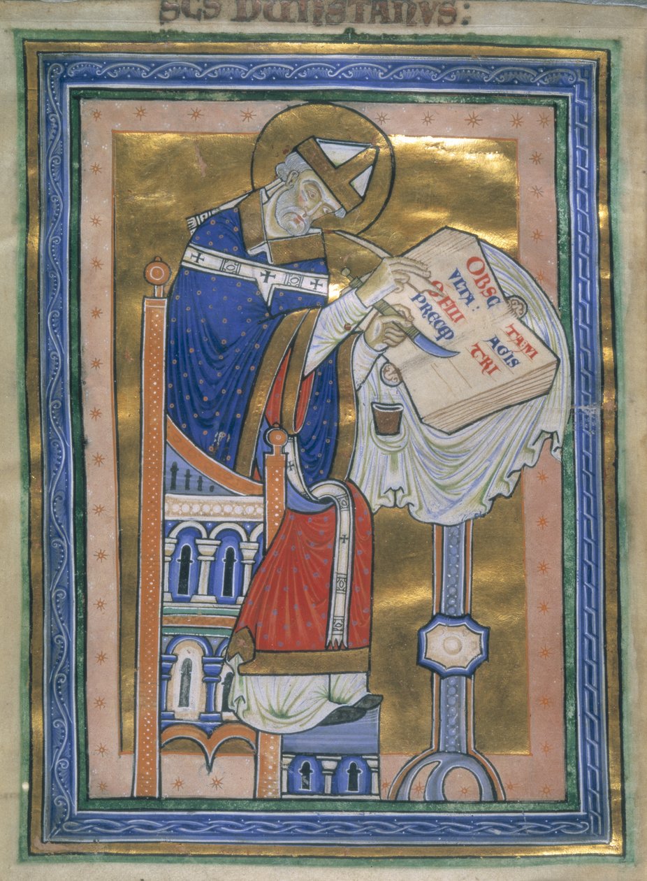 Royal 10 A. XIII, f.2v Dunstan escreve Regra de Bento, ilustração de "Comentário sobre a Regra de São Bento", c.1170 (tinta, cor e ouro sobre papel) de English School
