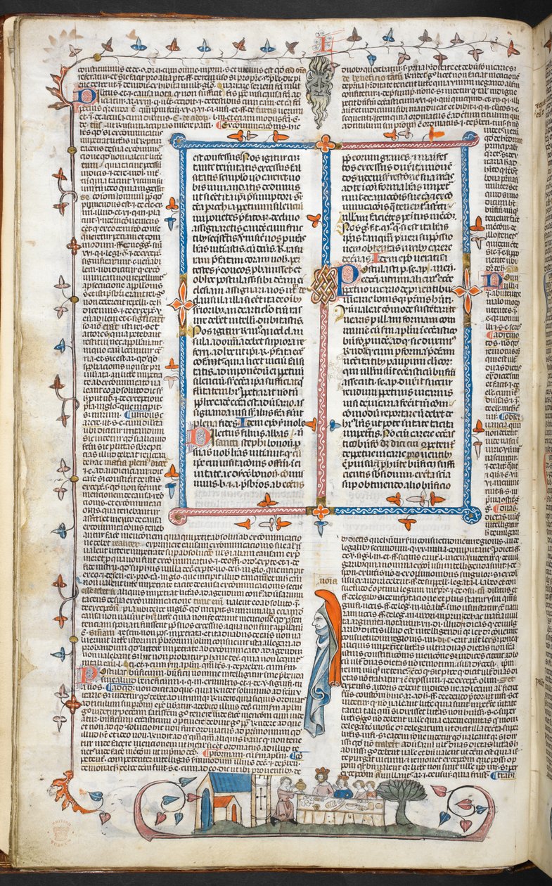 Royal 10 E. IV, f.250v Texto com decoração marginal e um jantar de Rei, ilustração dos 