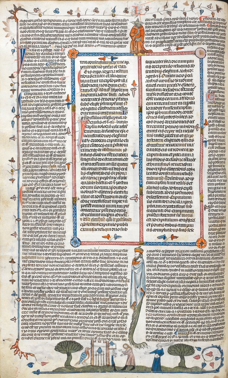 Royal 10 E. IV, f.30v, Texto e cena de baixo-de-página de um homem e uma mulher do lado de fora de um prédio, de 