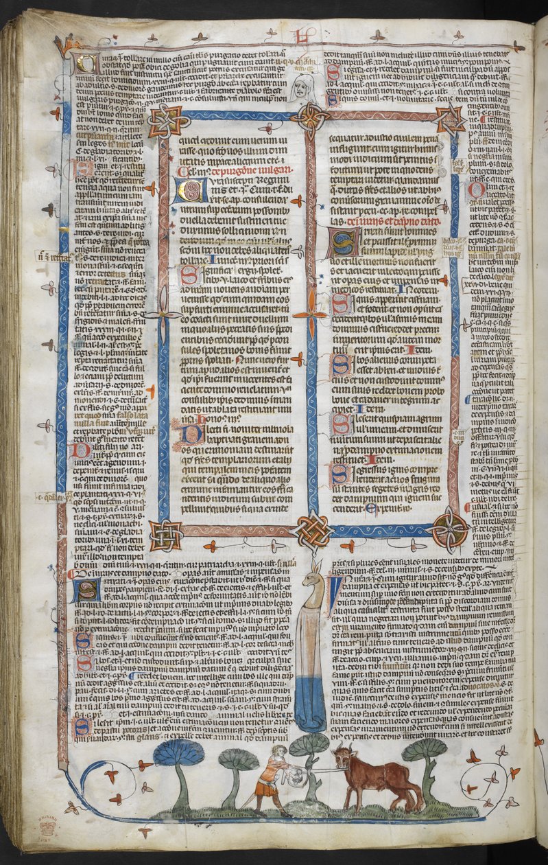 Royal 10 E IV fol. 294v Homem atacando um boi, dos Smithfield Decretals (Decretals de Gregory IX) c.1340 (vellum) de English School