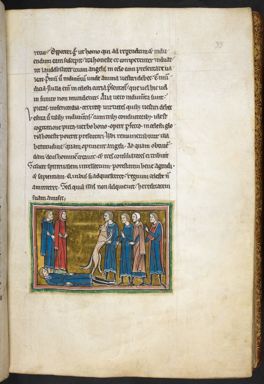 Real 12 F.XIII, f.33 Cão identificando um assassino.  , de Bestiário (ff. 3-141), Lapidary (ff. 141v-149)  , 2º quartel do século 13 (velino) de English School