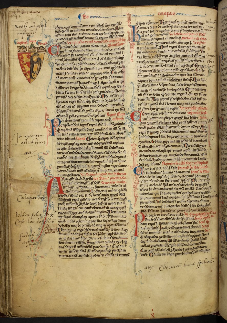 Royal 14 C.VII ff.86v Decoração de fronteira com brasão de Ricardo Coração de Leão, ilustração de 