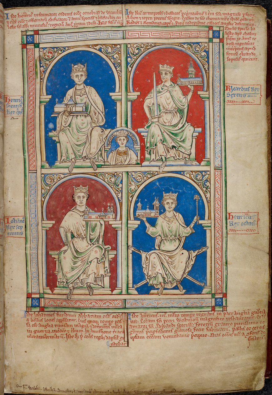 Royal 14 C. VII, f.9 Quatro Reis de Inglaterra: Henrique II, Ricardo I, João e Henrique III com a Abadia de Westminster, de 