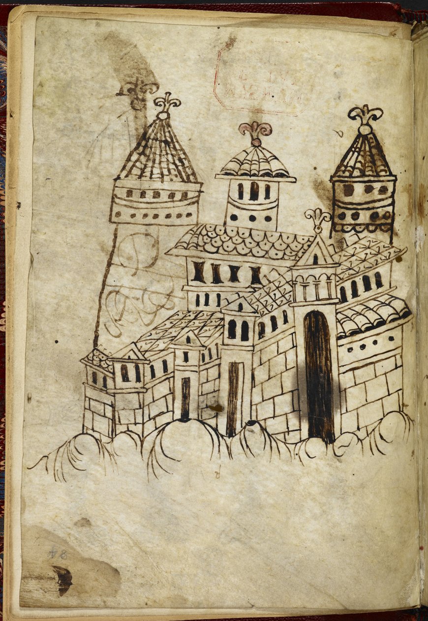 Royal 15 A. XVI Edifício românico com três torres (tinta sobre velino) de English School