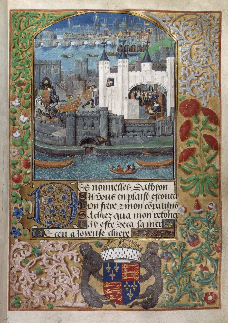 Royal 16 F. II, f.73 A Torre de Londres, com a Ponte de Londres atrás. Carlos, Duque de Orleães, viu escrito, parado à janela e a enviar uma carta para o pátio de English School