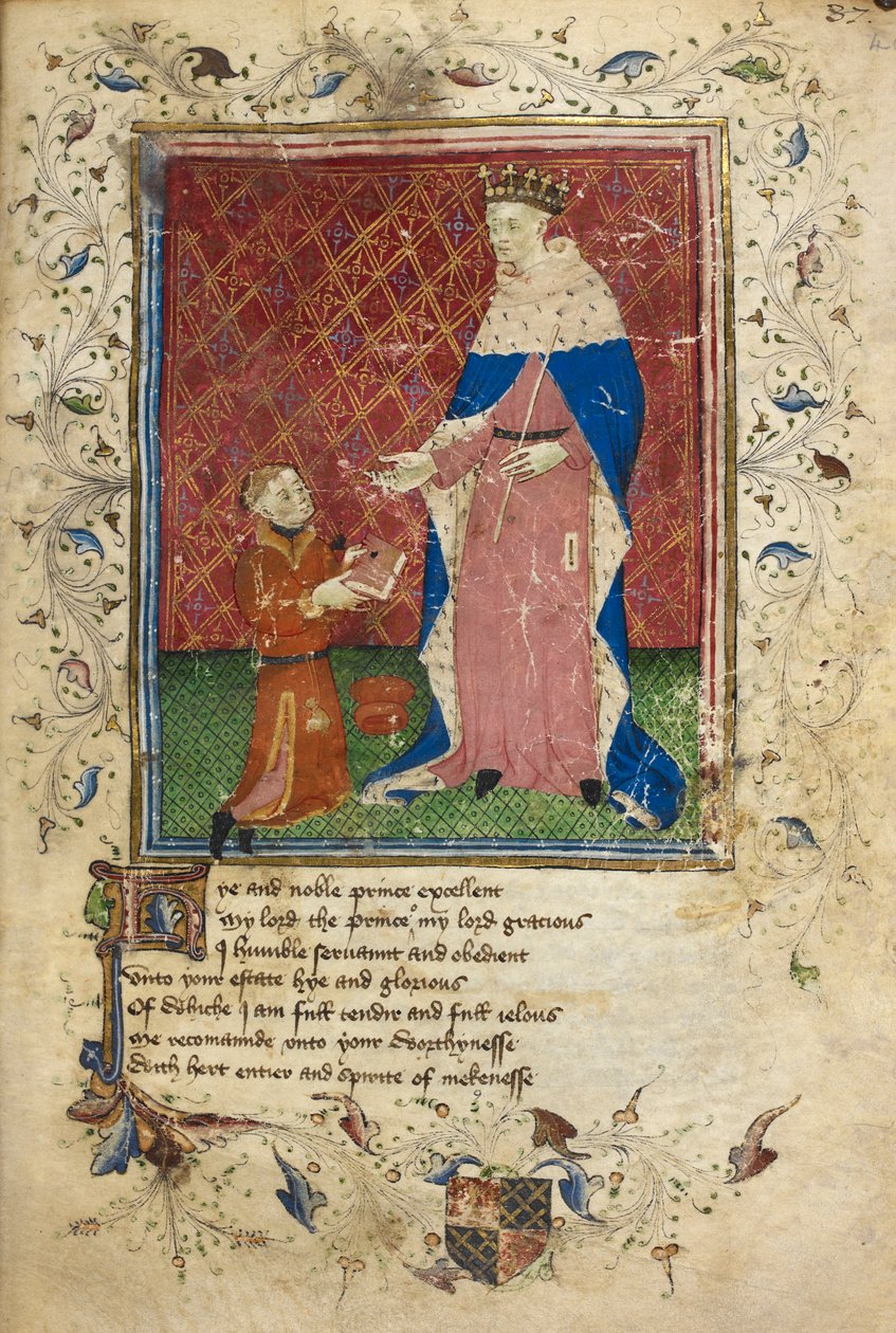 Royal 17 D. VI, f.40 Cena de Apresentação com Thomas Hoccleve no acto de oferecer o seu livro a Henrique V (vellum) de English School