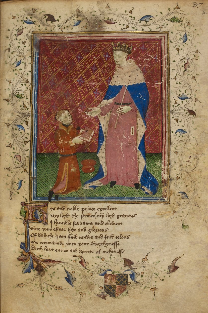 Royal 17 D. VI, f.40 Thomas Hoccleve ajoelhado no acto de oferecer o seu livro ao Rei Henrique V, ilustração de 