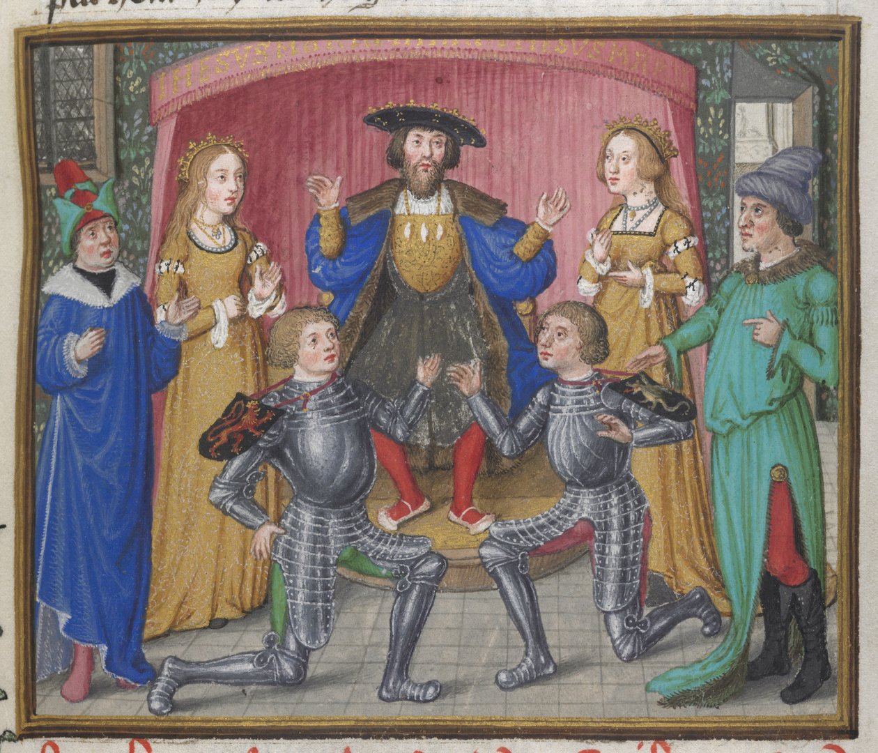 Royal 18 D.II, f.151 Polinicies e Tydeus reconciliados, ilustração do "Cerco de Tebas", c.1455-62 (vellum) de English School